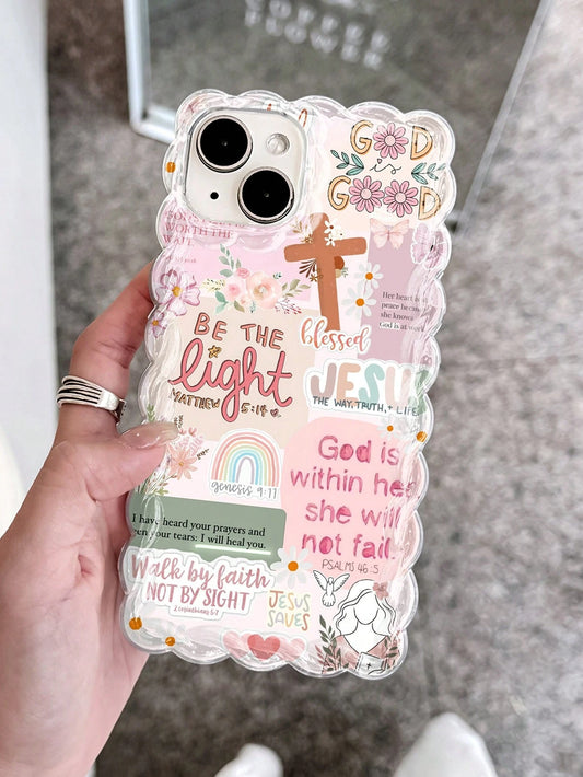 Pink Silicone Religious Mythological Figure Elements Shockproof 1pc Retro Newspaper Collage Religious Jesus God Floral Smile Pattern Wavy Frame Anti-Drop Clear Phone Case Compatible With IPhone 11/12