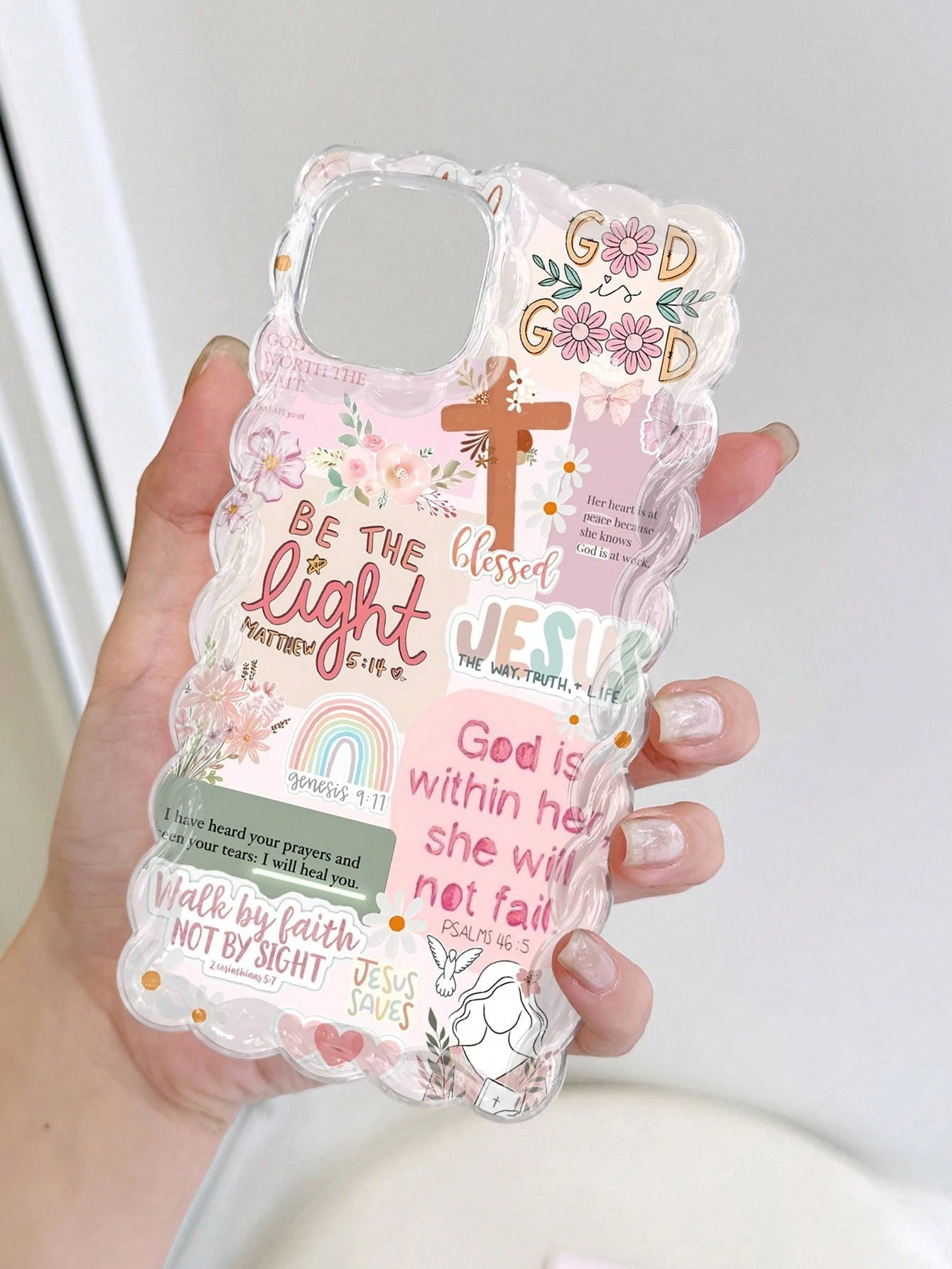 Pink Silicone Religious Mythological Figure Elements Shockproof 1pc Retro Newspaper Collage Religious Jesus God Floral Smile Pattern Wavy Frame Anti-Drop Clear Phone Case Compatible With IPhone 11/12