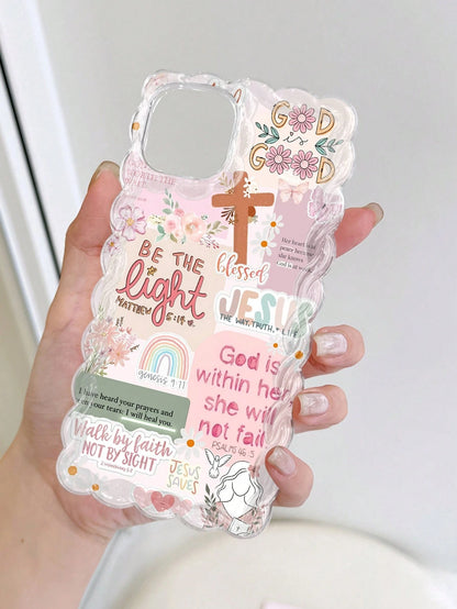 Pink Silicone Religious Mythological Figure Elements Shockproof 1pc Retro Newspaper Collage Religious Jesus God Floral Smile Pattern Wavy Frame Anti-Drop Clear Phone Case Compatible With IPhone 11/12