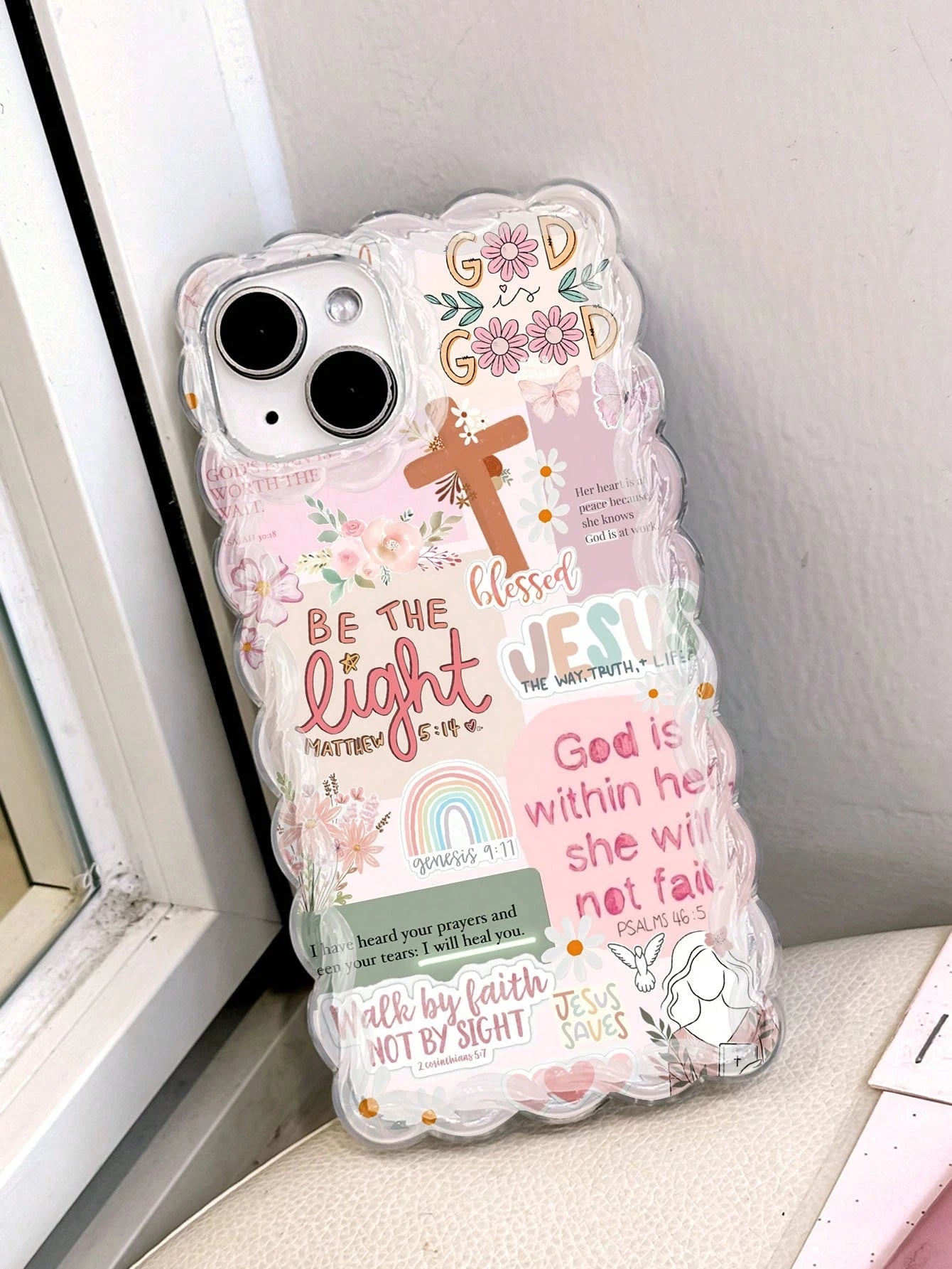 Pink Silicone Religious Mythological Figure Elements Shockproof 1pc Retro Newspaper Collage Religious Jesus God Floral Smile Pattern Wavy Frame Anti-Drop Clear Phone Case Compatible With IPhone 11/12