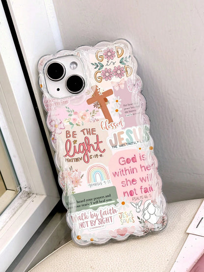 Pink Silicone Religious Mythological Figure Elements Shockproof 1pc Retro Newspaper Collage Religious Jesus God Floral Smile Pattern Wavy Frame Anti-Drop Clear Phone Case Compatible With IPhone 11/12
