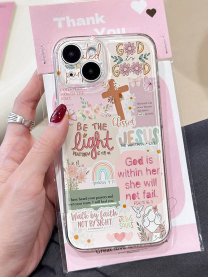 Pink Silicone Religious Mythological Figure Elements Shockproof 1pc Retro Newspaper Collage Religious Jesus God Floral Smile Pattern Wavy Frame Anti-Drop Clear Phone Case Compatible With IPhone 11/12