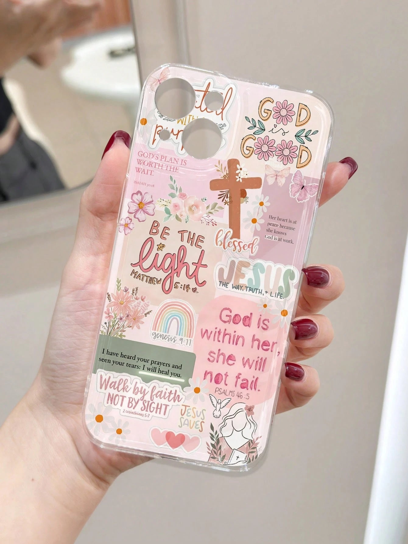 Pink Silicone Religious Mythological Figure Elements Shockproof 1pc Retro Newspaper Collage Religious Jesus God Floral Smile Pattern Wavy Frame Anti-Drop Clear Phone Case Compatible With IPhone 11/12