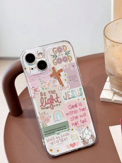 Pink Silicone Religious Mythological Figure Elements Shockproof 1pc Retro Newspaper Collage Religious Jesus God Floral Smile Pattern Wavy Frame Anti-Drop Clear Phone Case Compatible With IPhone 11/12