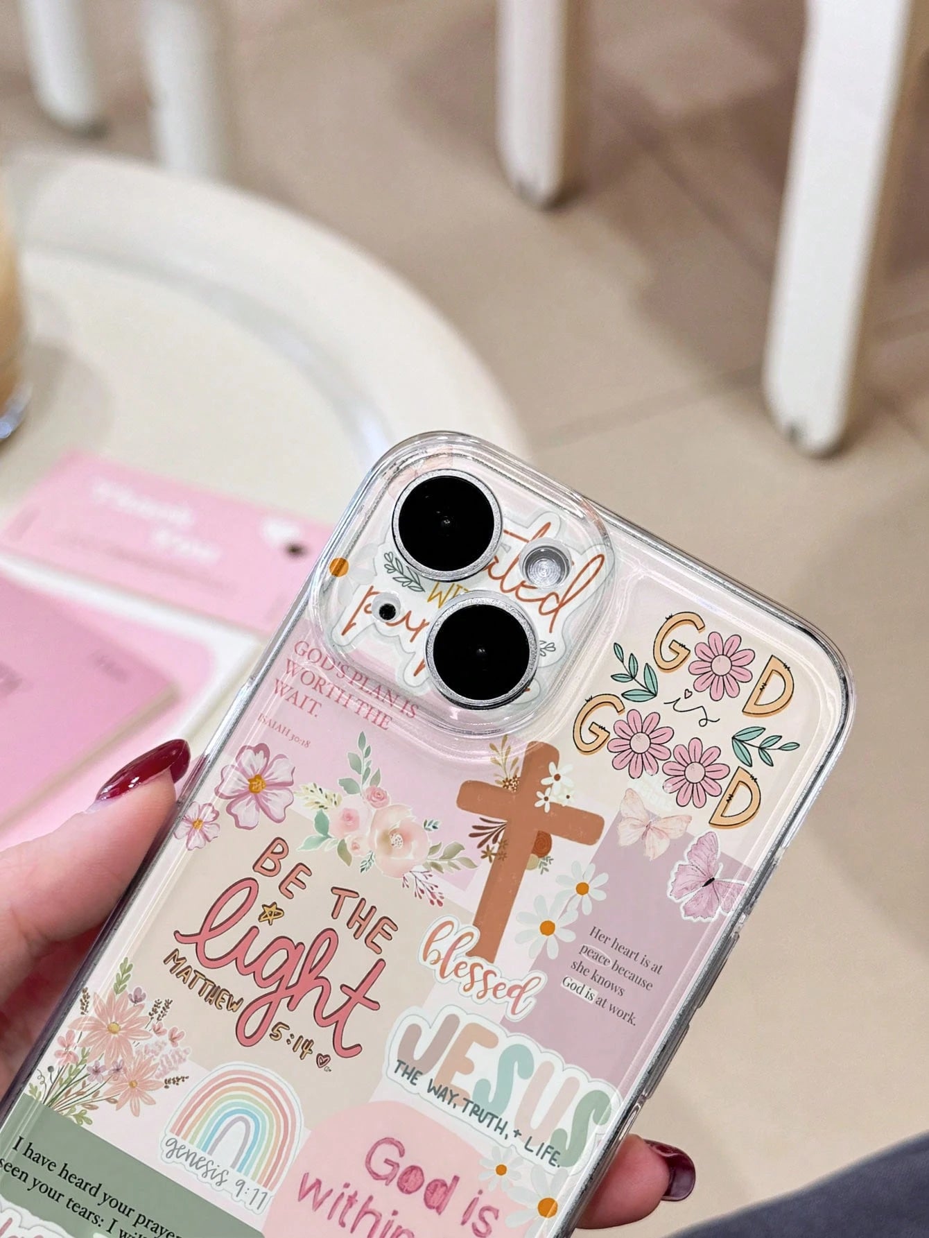 Pink Silicone Religious Mythological Figure Elements Shockproof 1pc Retro Newspaper Collage Religious Jesus God Floral Smile Pattern Wavy Frame Anti-Drop Clear Phone Case Compatible With IPhone 11/12