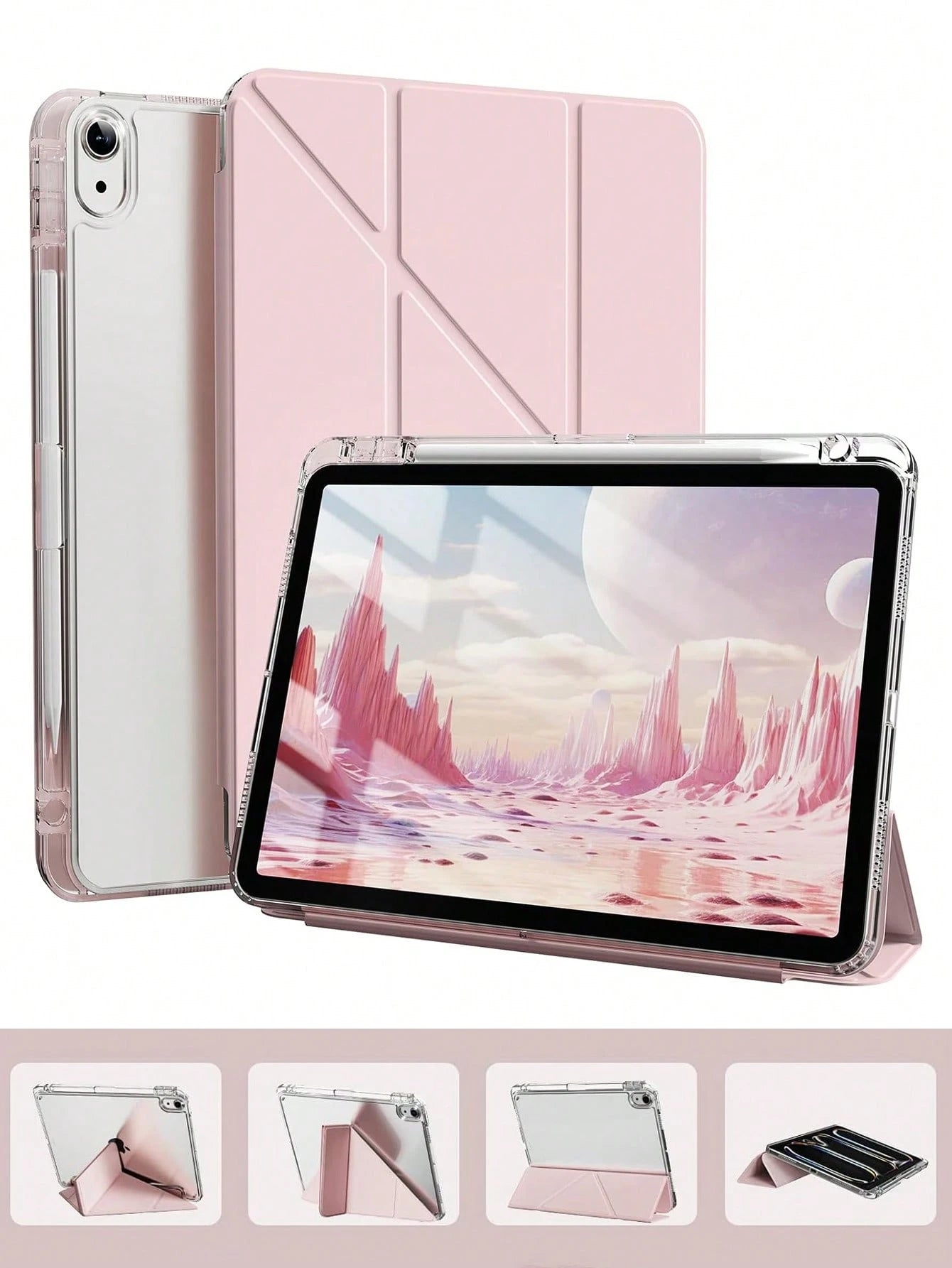 Pink Solid Color Material Basic Pad Case Slim & Fashionable Transparent Protective Case With Pencil Slot And Multi-Angle Y-Shaped Stand, Suitable For 10th Gen 10.9" (2022), 11th Gen 11" (2025), Air 4t