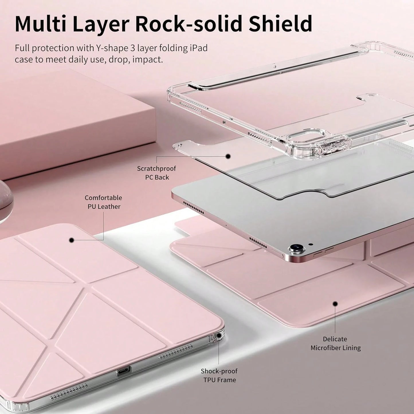Pink Solid Color Material Basic Pad Case Slim & Fashionable Transparent Protective Case With Pencil Slot And Multi-Angle Y-Shaped Stand, Suitable For 10th Gen 10.9" (2022), 11th Gen 11" (2025), Air 4t
