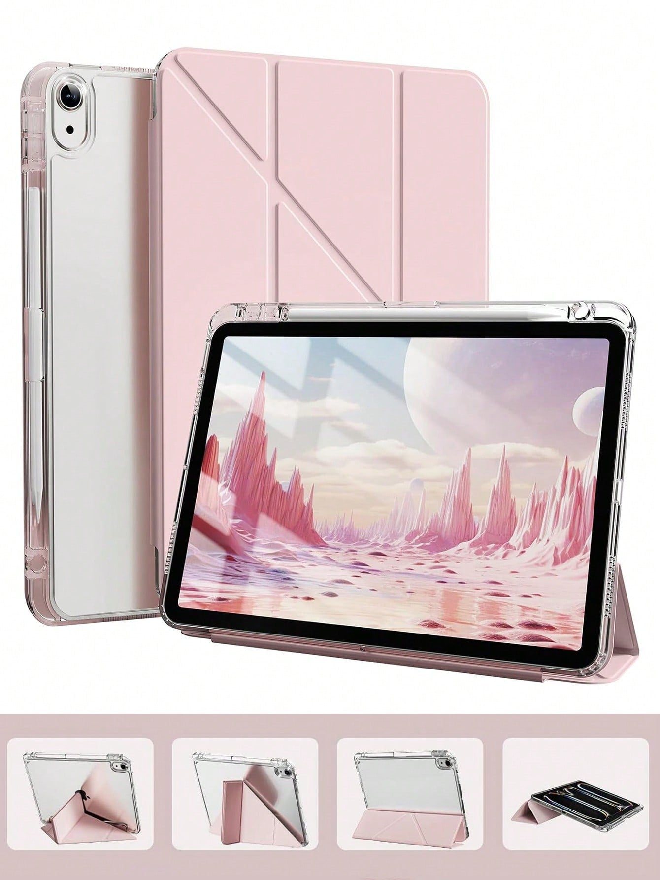 Pink Solid Color Material Basic Pad Case Slim & Fashionable Transparent Protective Case With Pencil Slot And Multi-Angle Y-Shaped Stand, Suitable For 10th Gen 10.9" (2022), 11th Gen 11" (2025), Air 4t