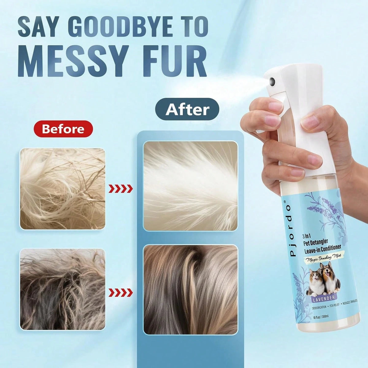 Pjordo 10 Fl Oz Dog Detangler Grooming Spray- Leave-In Conditioner For Dematting, Shedding Control & Itch Relief| Deodorizes & Reduces Tangles, Suitable For All Coat Types