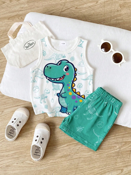 Playful Pals 2pcs Baby Boy Outfit, Cute Casual Dinosaur Print Vest Top Paired With Green Shorts, Suitable For Summer Outings