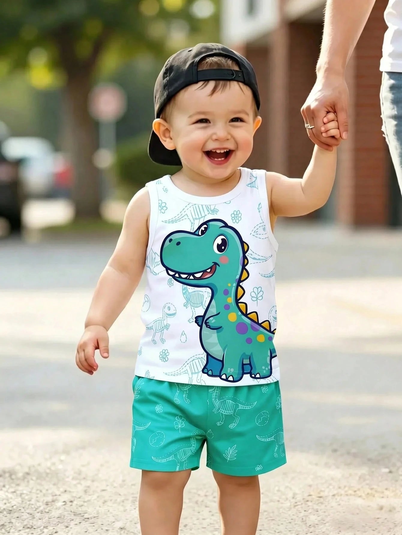 Playful Pals 2pcs Baby Boy Outfit, Cute Casual Dinosaur Print Vest Top Paired With Green Shorts, Suitable For Summer Outings