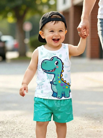 Playful Pals 2pcs Baby Boy Outfit, Cute Casual Dinosaur Print Vest Top Paired With Green Shorts, Suitable For Summer Outings