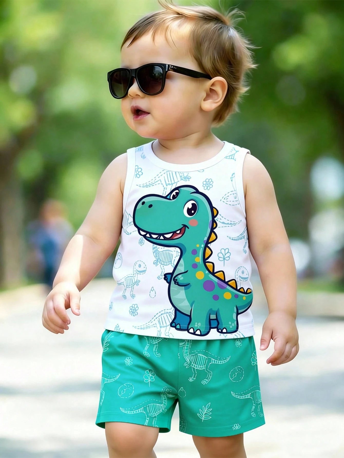 Playful Pals 2pcs Baby Boy Outfit, Cute Casual Dinosaur Print Vest Top Paired With Green Shorts, Suitable For Summer Outings