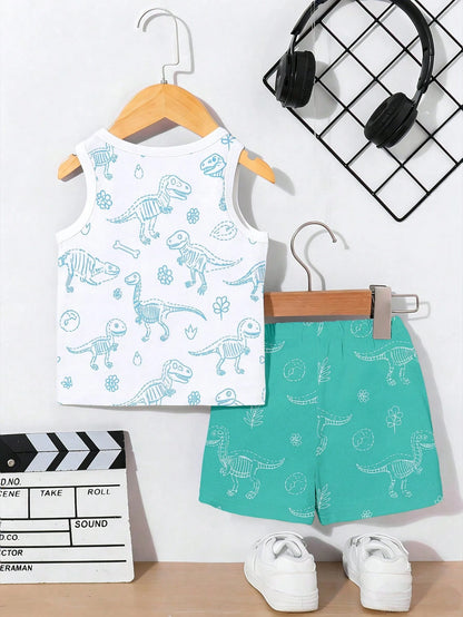 Playful Pals 2pcs Baby Boy Outfit, Cute Casual Dinosaur Print Vest Top Paired With Green Shorts, Suitable For Summer Outings