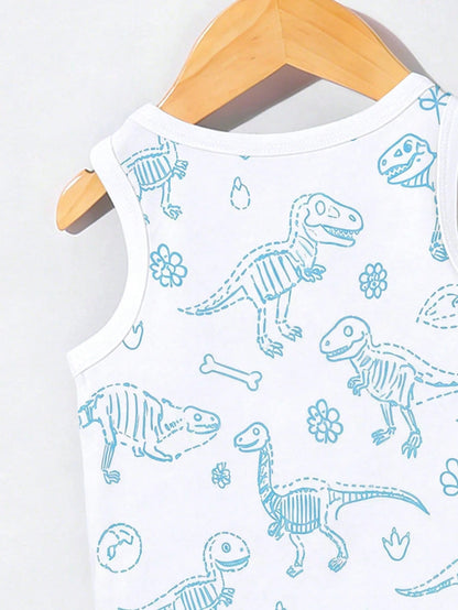 Playful Pals 2pcs Baby Boy Outfit, Cute Casual Dinosaur Print Vest Top Paired With Green Shorts, Suitable For Summer Outings