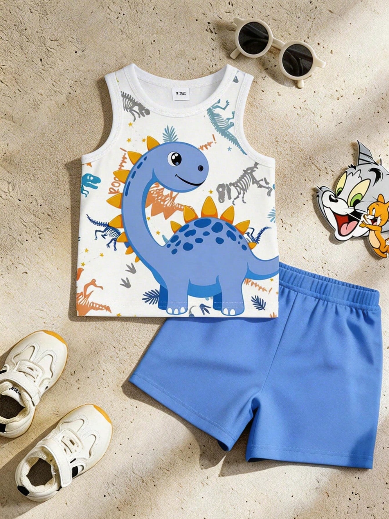 Playful Pals 2pcs Baby Boy Outfit, Cute Casual Dinosaur Print Vest Top Paired With Green Shorts, Suitable For Summer Outings