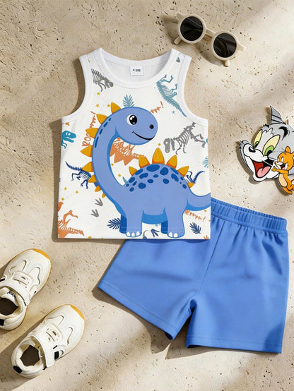 Playful Pals 2pcs Baby Boy Outfit, Cute Casual Dinosaur Print Vest Top Paired With Green Shorts, Suitable For Summer Outings