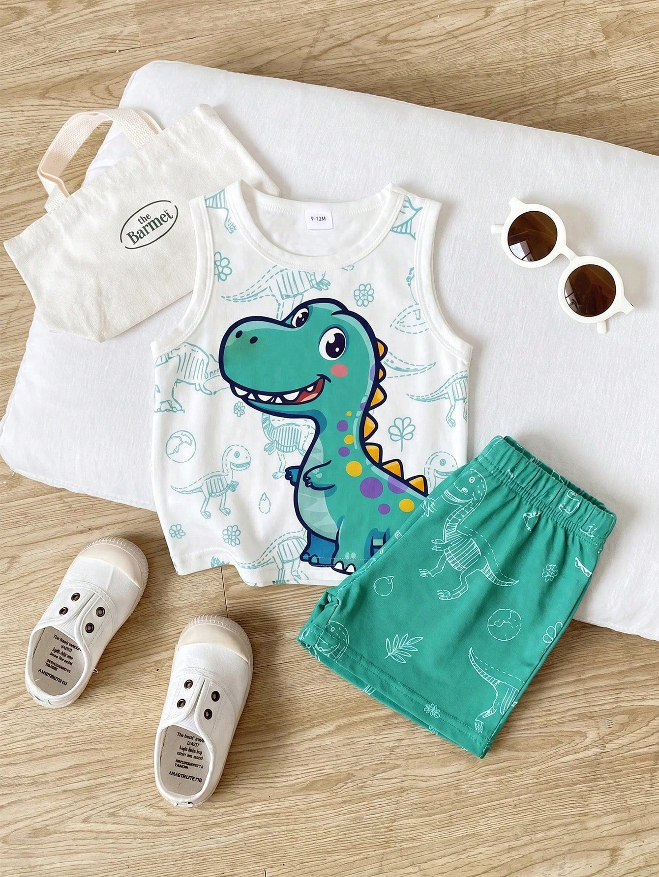 Playful Pals 2pcs Baby Boy Outfit, Cute Casual Dinosaur Print Vest Top Paired With Green Shorts, Suitable For Summer Outings