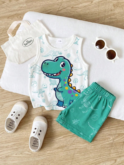 Playful Pals 2pcs Baby Boy Outfit, Cute Casual Dinosaur Print Vest Top Paired With Green Shorts, Suitable For Summer Outings
