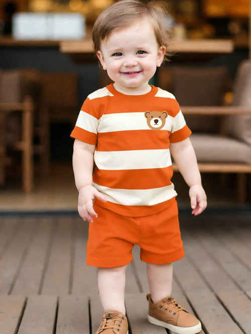 Playful Pals 2pcs/Set Baby Boy Cute Bear & Striped Print Round Neck Short Sleeve T-Shirt + Navy Shorts Set, Suitable For Outings In Summer