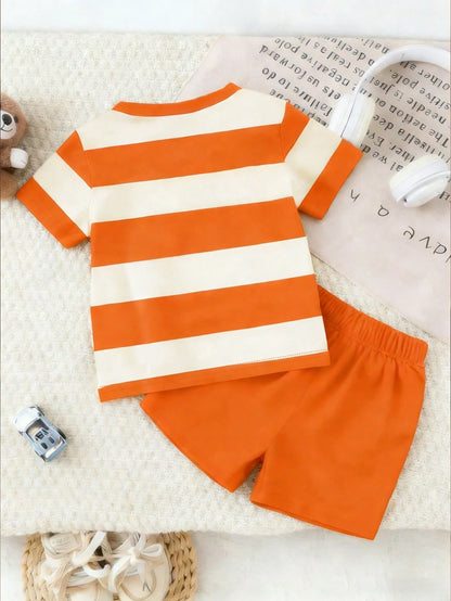 Playful Pals 2pcs/Set Baby Boy Cute Bear & Striped Print Round Neck Short Sleeve T-Shirt + Navy Shorts Set, Suitable For Outings In Summer