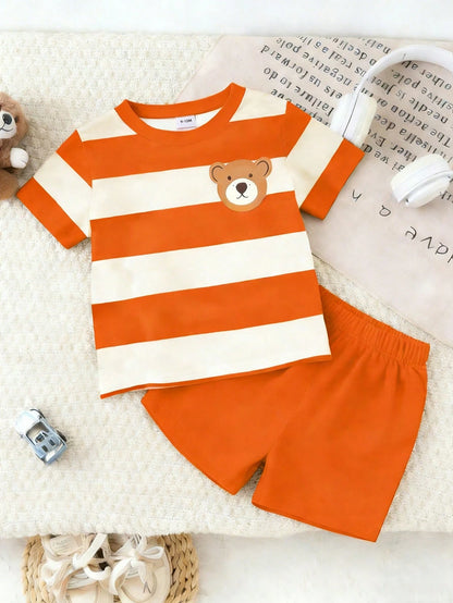 Playful Pals 2pcs/Set Baby Boy Cute Bear & Striped Print Round Neck Short Sleeve T-Shirt + Navy Shorts Set, Suitable For Outings In Summer