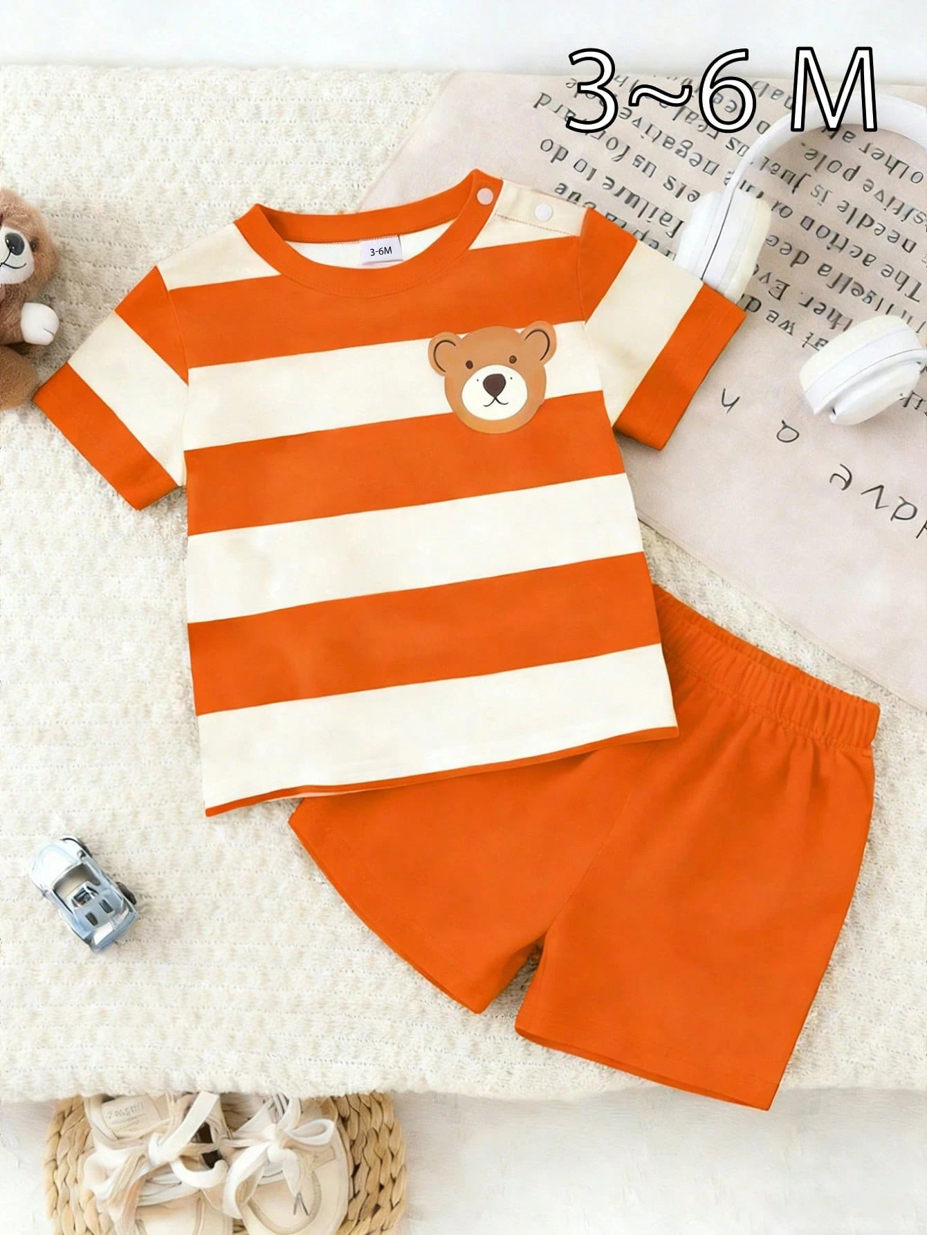 Playful Pals 2pcs/Set Baby Boy Cute Bear & Striped Print Round Neck Short Sleeve T-Shirt + Navy Shorts Set, Suitable For Outings In Summer