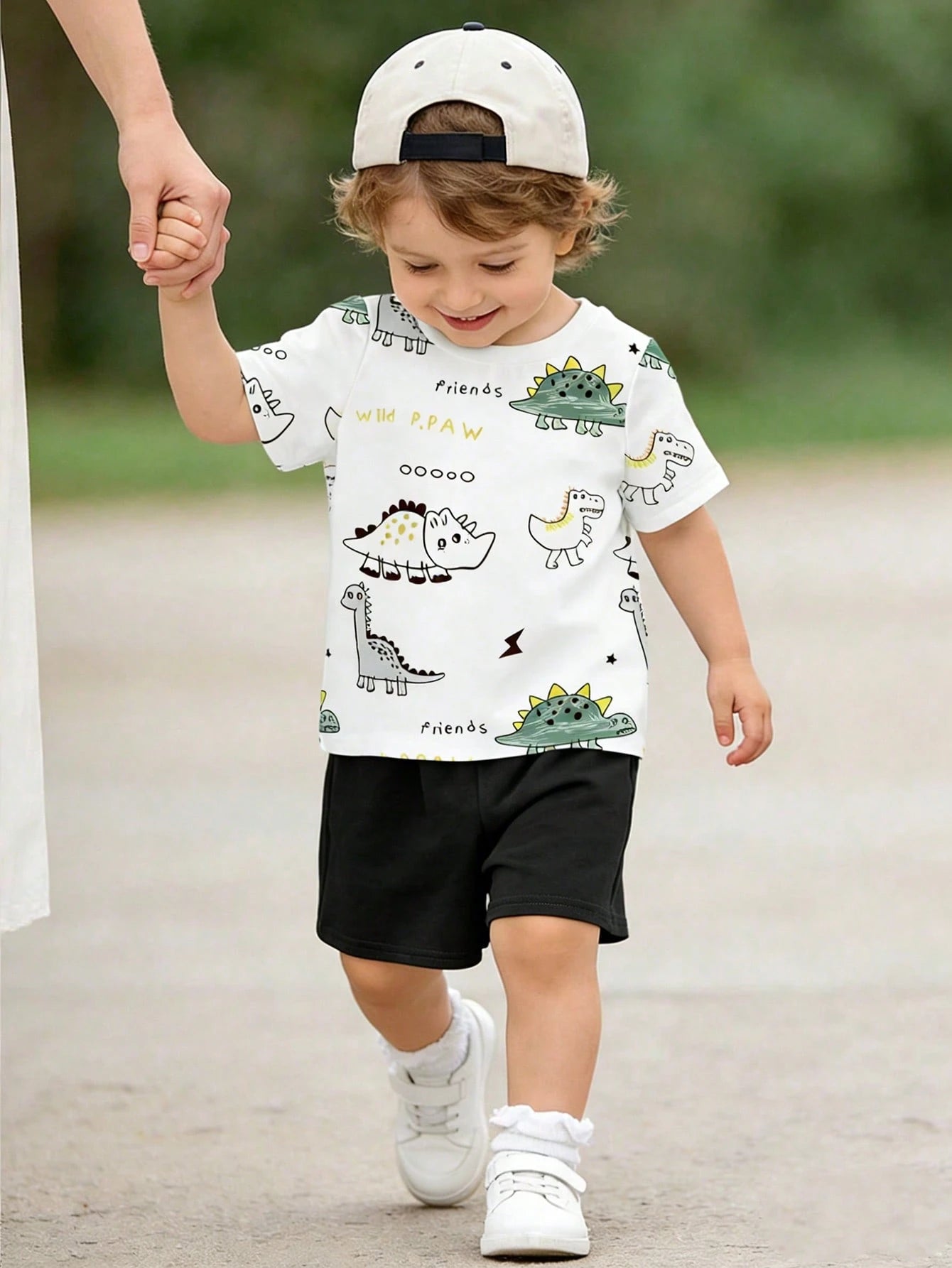 Playful Pals 2pcs/Set Baby Boy Cute Bear & Striped Print Round Neck Short Sleeve T-Shirt + Navy Shorts Set, Suitable For Outings In Summer