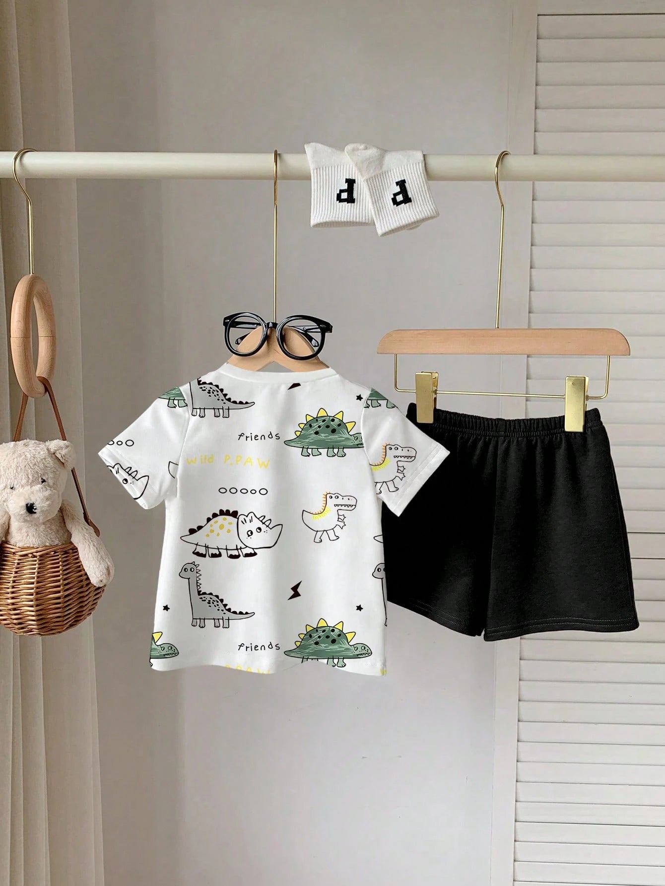 Playful Pals 2pcs/Set Baby Boy Cute Bear & Striped Print Round Neck Short Sleeve T-Shirt + Navy Shorts Set, Suitable For Outings In Summer