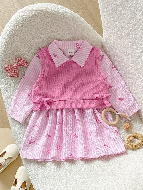 Playful Pals 2pcs/Set Girls Brown And Cream Plaid Collar Long Sleeve Dress And Knit Vest 90s Style Autumn Daily Wear School Winter Outfit