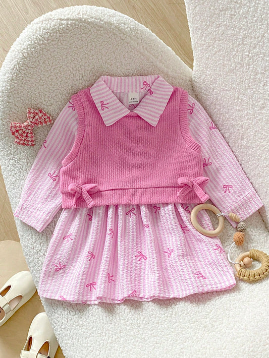 Playful Pals 2pcs/Set Girls Brown And Cream Plaid Collar Long Sleeve Dress And Knit Vest 90s Style Autumn Daily Wear School Winter Outfit