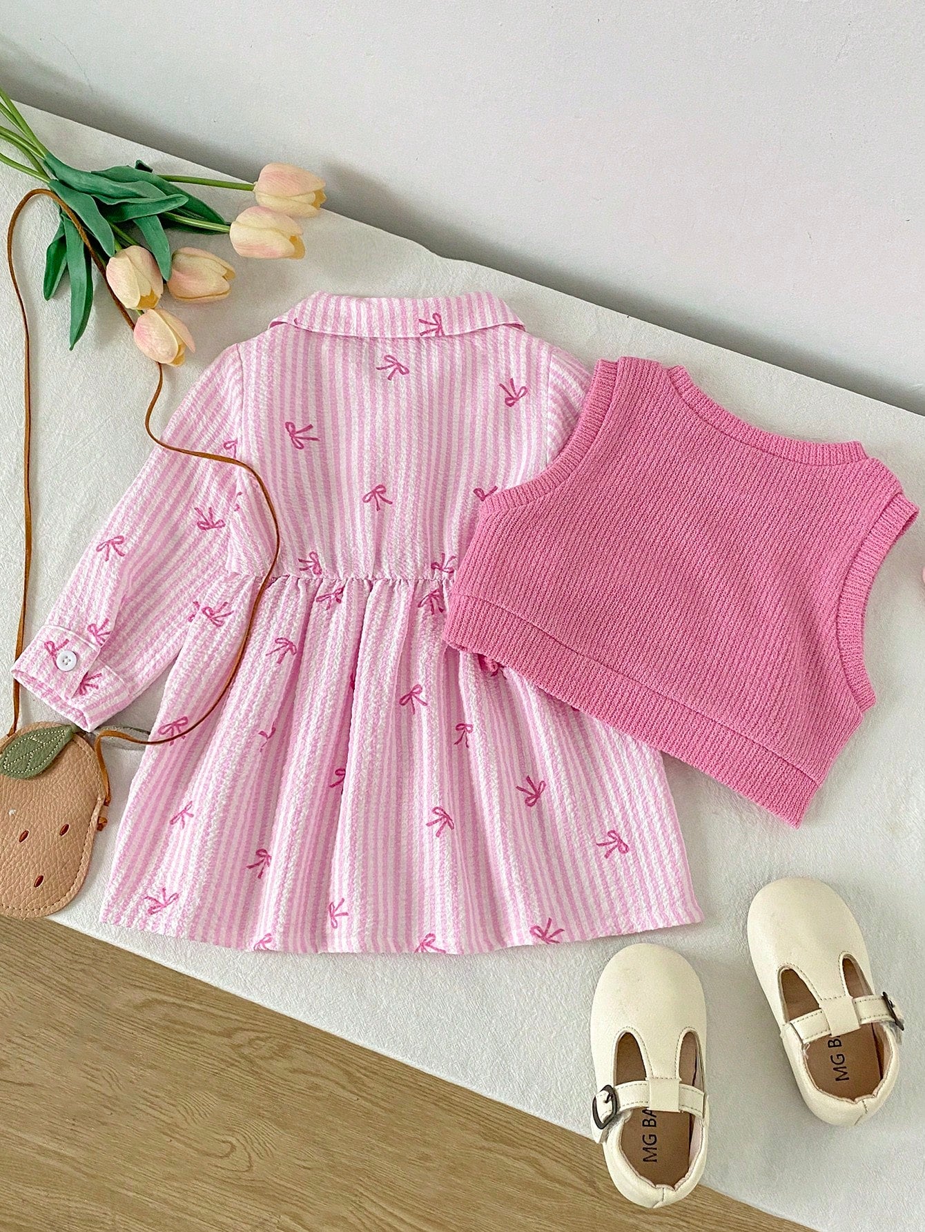 Playful Pals 2pcs/Set Girls Brown And Cream Plaid Collar Long Sleeve Dress And Knit Vest 90s Style Autumn Daily Wear School Winter Outfit