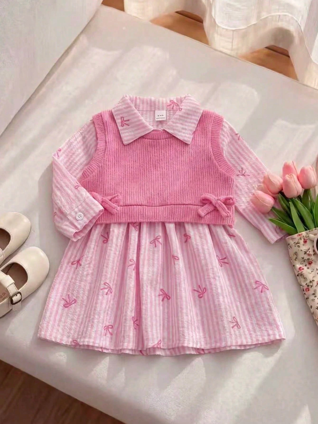 Playful Pals 2pcs/Set Girls Brown And Cream Plaid Collar Long Sleeve Dress And Knit Vest 90s Style Autumn Daily Wear School Winter Outfit