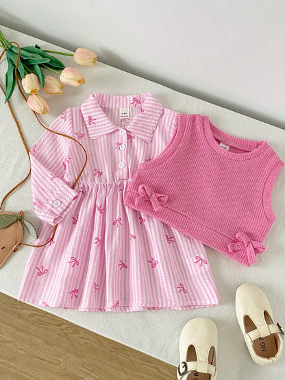 Playful Pals 2pcs/Set Girls Brown And Cream Plaid Collar Long Sleeve Dress And Knit Vest 90s Style Autumn Daily Wear School Winter Outfit