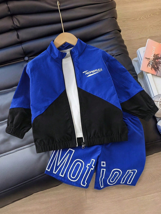 Playful Pals 2pcs Toddler Baby Boy Casual Letter Print Black And Blue Colorblock Long Sleeve Jacket And Shorts Set, School, College Chic Outfits For Autumn/Winter