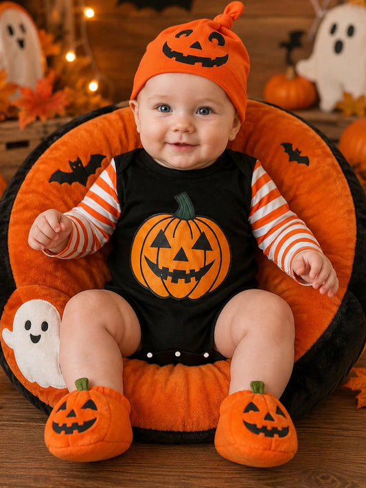 Playful Pals 2pcs Toddler Baby Boy Pumpkin Ghost Face Halloween Envelope Collar Long Sleeve Romper With Hat, Boy Long Sleeve Romper, Romper, Party Costume, 3M-24M