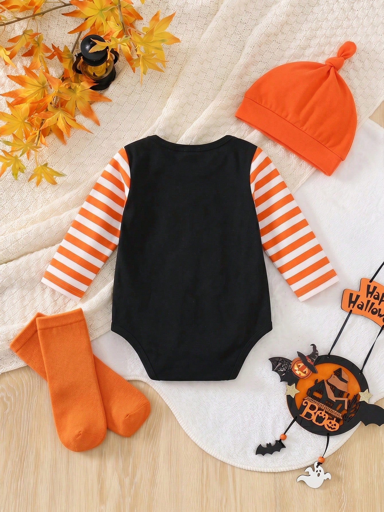 Playful Pals 2pcs Toddler Baby Boy Pumpkin Ghost Face Halloween Envelope Collar Long Sleeve Romper With Hat, Boy Long Sleeve Romper, Romper, Party Costume, 3M-24M