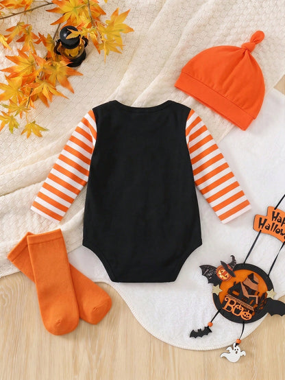 Playful Pals 2pcs Toddler Baby Boy Pumpkin Ghost Face Halloween Envelope Collar Long Sleeve Romper With Hat, Boy Long Sleeve Romper, Romper, Party Costume, 3M-24M
