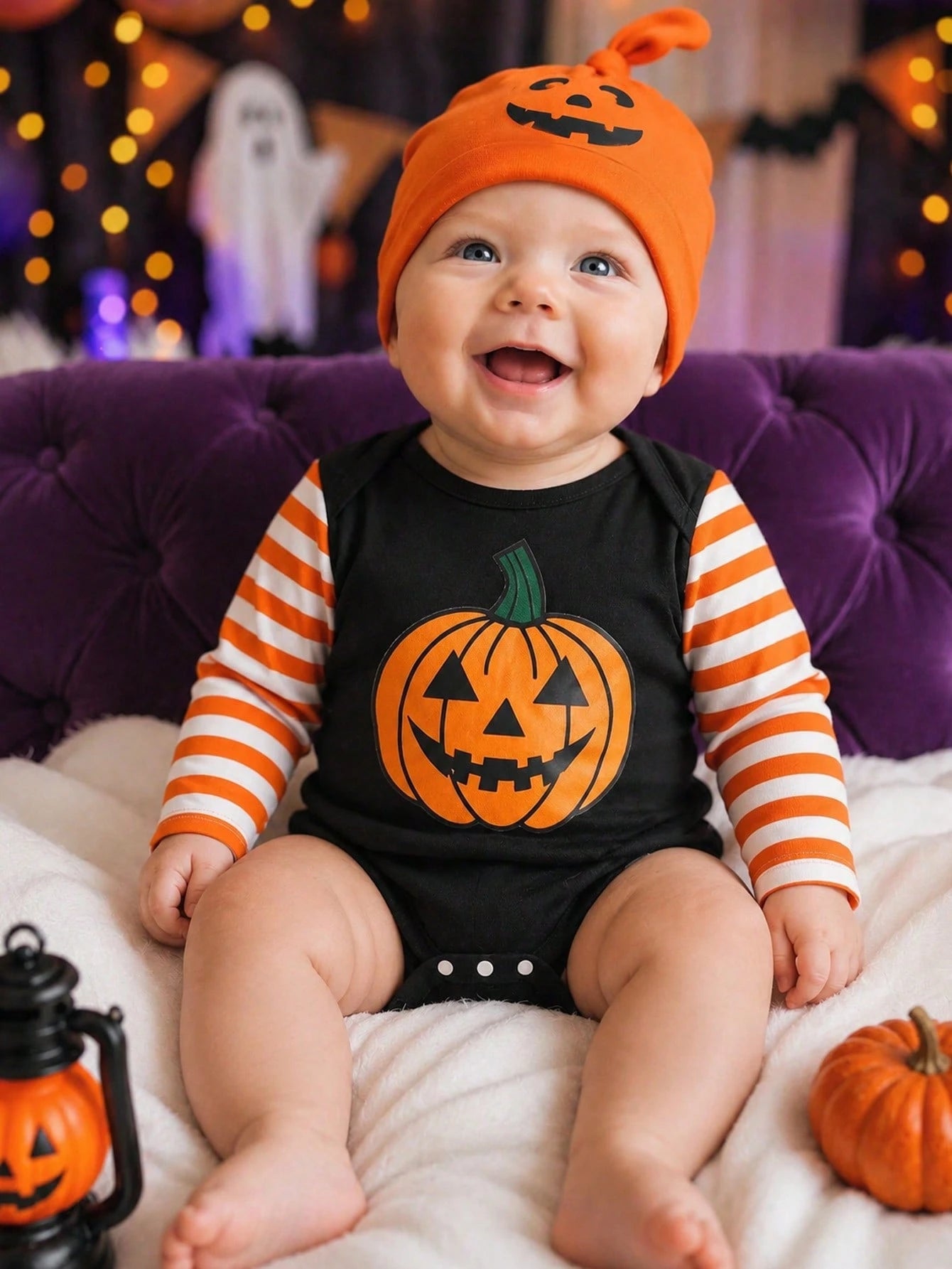 Playful Pals 2pcs Toddler Baby Boy Pumpkin Ghost Face Halloween Envelope Collar Long Sleeve Romper With Hat, Boy Long Sleeve Romper, Romper, Party Costume, 3M-24M
