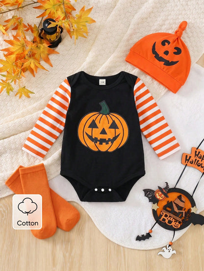 Playful Pals 2pcs Toddler Baby Boy Pumpkin Ghost Face Halloween Envelope Collar Long Sleeve Romper With Hat, Boy Long Sleeve Romper, Romper, Party Costume, 3M-24M