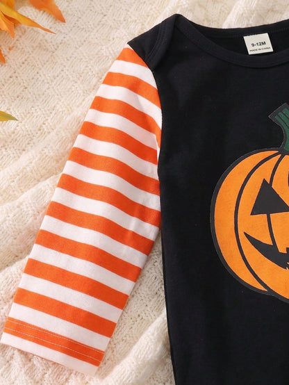 Playful Pals 2pcs Toddler Baby Boy Pumpkin Ghost Face Halloween Envelope Collar Long Sleeve Romper With Hat, Boy Long Sleeve Romper, Romper, Party Costume, 3M-24M