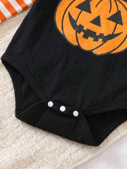 Playful Pals 2pcs Toddler Baby Boy Pumpkin Ghost Face Halloween Envelope Collar Long Sleeve Romper With Hat, Boy Long Sleeve Romper, Romper, Party Costume, 3M-24M