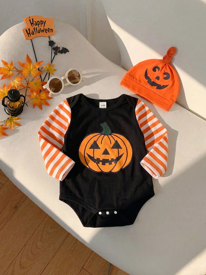 Playful Pals 2pcs Toddler Baby Boy Pumpkin Ghost Face Halloween Envelope Collar Long Sleeve Romper With Hat, Boy Long Sleeve Romper, Romper, Party Costume, 3M-24M