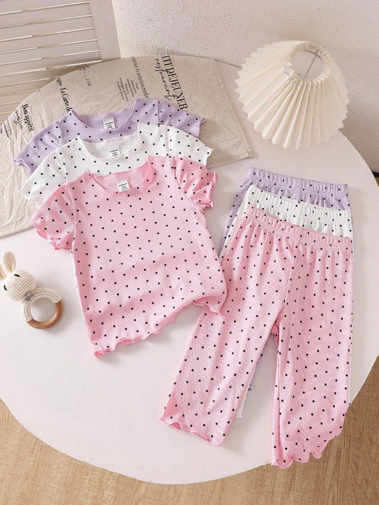 Playful Pals 3pcs Girls Polka Dot Short Sleeve Top And Shorts Set, Fashionable Summer Outfit For Toddlers