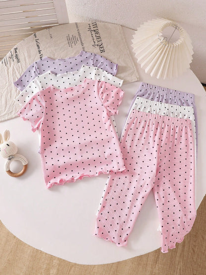 Playful Pals 3pcs Girls Polka Dot Short Sleeve Top And Shorts Set, Fashionable Summer Outfit For Toddlers