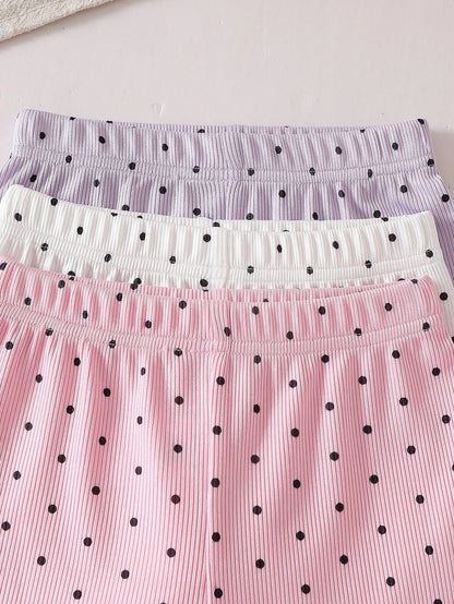 Playful Pals 3pcs Girls Polka Dot Short Sleeve Top And Shorts Set, Fashionable Summer Outfit For Toddlers