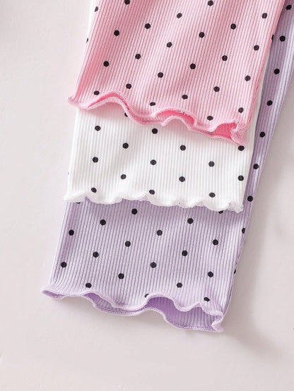 Playful Pals 3pcs Girls Polka Dot Short Sleeve Top And Shorts Set, Fashionable Summer Outfit For Toddlers