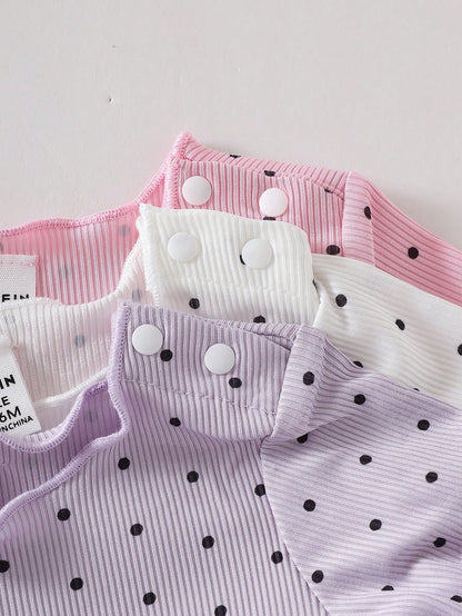 Playful Pals 3pcs Girls Polka Dot Short Sleeve Top And Shorts Set, Fashionable Summer Outfit For Toddlers