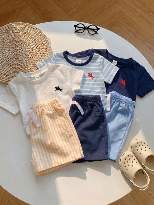 Playful Pals 3Sets Toddler Baby Boys Kids Chic Sporty Striped Solid Horse Embroidery Short Sleeve Crew Neck Shorts Soft Two Piece Clothing Outfits Sets Summer Top