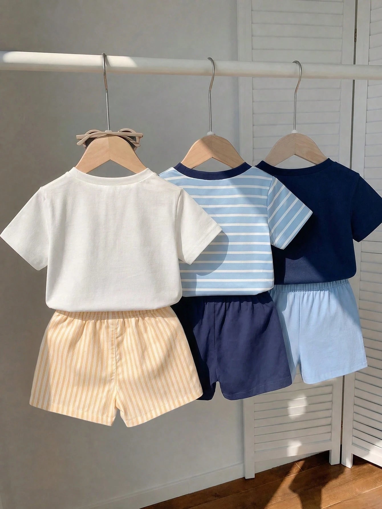 Playful Pals 3Sets Toddler Baby Boys Kids Chic Sporty Striped Solid Horse Embroidery Short Sleeve Crew Neck Shorts Soft Two Piece Clothing Outfits Sets Summer Top